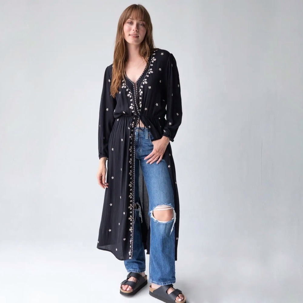 Natural Life | Brae Navy Blue Embroidered Floral Rayon Maxi Dress Boho Size XL